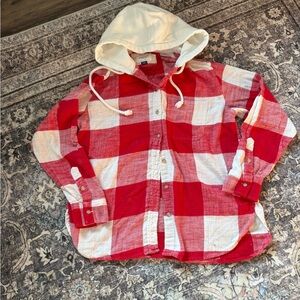 American Eagle Red and White Plaid Flannel Hoodie Shirt